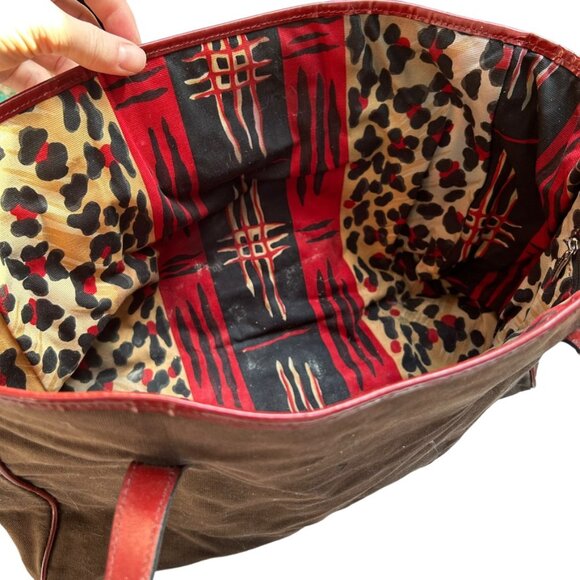 burberry brown distressed cotton canvas red leather ethnic print lined t… - Picture 5 of 8